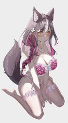 Rule 34 | 1girl, absurdres, animal ear fluff, animal ears, barefoot, bikini, blush, bow, breasts, brown hair, chisaka airi, cleavage, closed mouth, collarbone, colored inner hair, ddann, flower, garter straps, hair bow, hair ornament, hairpin, heart, highres, kneeling, long braid, long hair, multicolored hair, navel, o-ring, phase connect, pink bikini, pink hair, second-party source, solo, swimsuit, tail, virtual youtuber, white background, white bow, white flower, white garter straps, wolf ears, wolf girl, wolf tail, yellow eyes