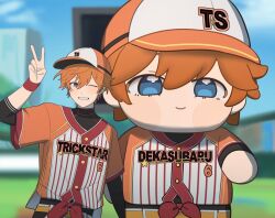 Rule 34 | 1boy, akehoshi subaru, baseball cap, bbahot, blue eyes, blurry, blurry background, character name, chibi, ensemble stars!, hair between eyes, hat, korean commentary, male focus, official alternate costume, one eye closed, orange hair, orange shirt, pinstripe pattern, pinstripe shirt, shirt, short hair, smile, sportswear, v