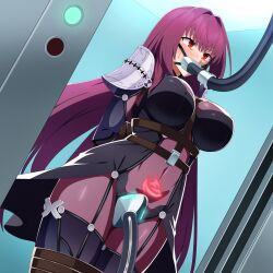1girl amibanottoki armor arms_behind_back between_breasts blush bodysuit bound bound_arms bound_legs breasts commentary_request covered_navel fate/grand_order fate_(series) gagged highres in_container large_breasts long_hair pauldrons pubic_tattoo purple_bodysuit purple_hair red_eyes restrained scathach_(fate) shoulder_armor strap_between_breasts sweat tattoo tube