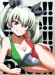 ! !! 1girl absurdres alternate_breast_size anchovy_(girls_und_panzer) arm_support artist_request bow breasts brown_eyes cleavage curvy drill_hair from_below girls_und_panzer green_background green_hair grin hair_bow hair_ribbon hand_on_own_hip highleg highleg_one-piece_swimsuit highres italian_text long_hair looking_at_viewer lying medium_breasts multicolored_swimsuit naughty_face on_side one-piece_swimsuit open_mouth ribbon shiny_skin smile solo swimsuit three-tone_swimsuit twin_drills white_one-piece_swimsuit wide_hips