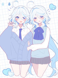 2girls alternate_costume blue_bow blue_cardigan blue_necktie bow cardigan drop-shaped_pupils furina_(genshin_impact) genshin_impact heart heterochromia highres multicolored_hair multiple_girls necktie sesamin siblings skirt streaked_hair symbol-shaped_pupils twins
