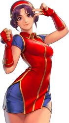 1girl asamiya_athena bike_shorts breasts curvy dress female_focus gloves hair_bun hairband large_breasts looking_at_viewer pants purple_eyes purple_hair short_hair shorts skirt smile smiley_face standing star_(symbol) the_king_of_fighters thick_thighs thighs wide_hips
