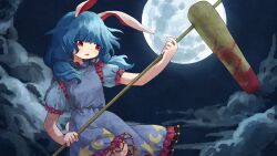 1girl animal_ears blood blood_stain blue_dress blue_hair cloud commentary_request commission crescent_print dress full_moon highres holding holding_mallet kine long_hair mallet moon night night_sky open_mouth puffy_short_sleeves puffy_sleeves rabbit_ears rabbit_girl rabbit_tail red_eyes retrochaossan seiran_(touhou) short_sleeves skeb_commission sky solo star_(sky) star_(symbol) star_print tail touhou twintails