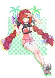 1girl absurdres arms_up braid breasts cleavage eyewear_on_head full_body heart heart-shaped_eyewear high_heel_sandals highres holding holding_water_gun long_hair looking_at_viewer low_twin_braids official_alternate_costume ppop_(2212538880) red_hair sandals smile solo sphere_hair_ornament thigh_strap twin_braids two-tone_one-piece_swimsuit ukinami_yuzuha ukinami_yuzuha_(tanuki_in_broad_daylight) water_gun zenless_zone_zero