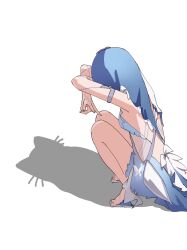 1girl absurdres armlet bare_legs blue_veil breasts cat_shadow_puppet_(meme) commentary cryne dress english_commentary from_side heel-less_heels high_heel_sandals highres jewelry legs medium_breasts meme photo-referenced sandals shadow shadow_puppet shorekeeper_(wuthering_waves) simple_background sleeveless sleeveless_dress solo squatting toes two-tone_veil veil white_background white_dress white_veil wuthering_waves