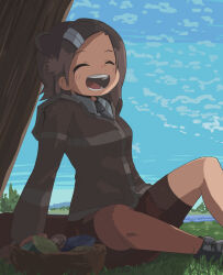1girl animal_ears basket beaver_ears beaver_tail bike_shorts bike_shorts_under_shorts black_hair black_necktie black_shoes blush brown_hair brown_shorts brown_sweater closed_eyes collared_shirt eurasian_beaver_(kemono_friends) grey_shirt hair_ornament hairclip hane_(kirschbaum) highres japari_symbol kemono_friends long_sleeves multicolored_hair necktie open_mouth shirt shoes short_hair short_shorts shorts sitting smile solo sweater tail