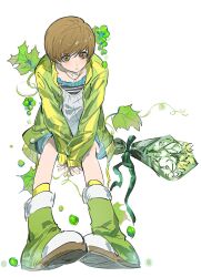1girl 26duuuu alternate_costume boots bouquet brown_eyes brown_hair closed_mouth flower full_body green_boots green_jacket highres jacket persona persona_4 satonaka_chie shirt short_hair simple_background sitting solo white_background white_shirt