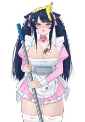 1girl animal_ear_legwear animal_ears banana_peel bell black_eyes black_hair blush breasts broom cat_ear_legwear cat_ears cleavage collar commentary_request crying degrees_of_lewdity dirty dirty_clothes dress dy0urre1n hair_ornament hairclip holding holding_broom korean_commentary large_breasts long_hair maid maid_headdress narrow_waist neck_bell pink_collar player_character_(degrees_of_lewdity) player_character_(female)_(degrees_of_lewdity) short_dress sidelocks solo tears thighhighs twintails white_thighhighs