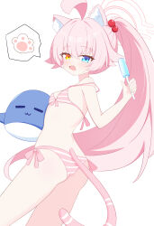 1girl absurdres ahoge animal_ear_fluff animal_ears ass bare_arms bare_shoulders bikini blue_archive blue_eyes blush breasts cat_ears cat_girl cat_tail cowboy_shot fang food halo heterochromia highres holding holding_food holding_popsicle hoshino_(blue_archive) huge_ahoge loli long_hair open_mouth pink_bikini pink_halo ponytail popsicle small_breasts solo swimsuit tail ttriwk very_long_hair white_background yellow_eyes