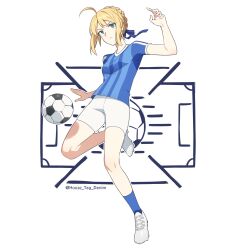 1girl ahoge artoria_pendragon_(fate) ball blonde_hair blue_shirt braid breasts cleats fate/grand_order fate_(series) full_body green_eyes hair_bun hair_ribbon highres house_tag_denim long_hair looking_at_viewer ribbon saber_(fate) shirt short_sleeves shorts sidelocks small_breasts soccer_ball soccer_uniform sportswear white_footwear white_shorts