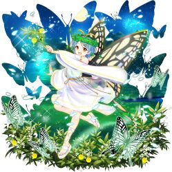 1girl alternate_costume antennae blue_hair bug butterfly butterfly_wings detached_sleeves dress eternity_larva fairy falling_leaves falling_petals flower flower_request game_cg glowing glowing_petals green_butterfly hair_ornament hairpin head_wreath highres holding insect insect_wings leaf leg_up looking_at_viewer night night_sky official_art open_mouth orange_eyes outdoors petals rotte_(1109) sandals see-through_clothes short_hair sky smile solo sparkle third-party_source toes touhou touhou_lostword transparent_background white_dress white_flower white_sandals wide_sleeves wings yellow_flower
