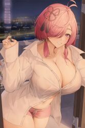 1girl absurdres alternate_costume bag blush breasts bsmage collarbone collared_shirt doorway hair_ornament hair_over_one_eye hand_up highres holding holding_bag huge_breasts looking_at_viewer missing_commentary navel night night_sky no_bra pink_hair pink_shorts pov_doorway purple_eyes shirt short_hair shorts sky smile solo stomach taoqi_(wuthering_waves) white_shirt wuthering_waves