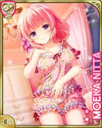 1girl bed bedroom chandelier character_name closed_mouth curtains dresser female_focus flower girlfriend_(kari) hand_on_chest hand_on_stomach indoors looking_at_viewer nitta_moeka official_art pajamas pink_hair pink_shirt pink_shorts purple_eyes qp:flapper shirt short_hair shorts sleepwear smile solo standing tagme window