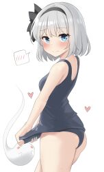 1girl absurdres ass black_hairband blue_eyes blue_one-piece_swimsuit grey_hair hairband highres hitodama konpaku_youmu konpaku_youmu_(ghost) looking_at_viewer old_school_swimsuit one-piece_swimsuit school_swimsuit school_swimsuit_flap short_hair simple_background solo speech_bubble split_mouth spoken_blush swimsuit touhou white_background youyume-kun