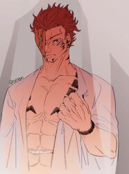Rule 34 | 1boy, bare pectorals, cymmmm, extra arms, facial tattoo, japanese clothes, jujutsu kaisen, kimono, looking at viewer, male focus, open clothes, open kimono, pectorals, pink hair, ryoumen sukuna (jujutsu kaisen), ryoumen sukuna (true form) (jujutsu kaisen), solo, tattoo, toned, toned male