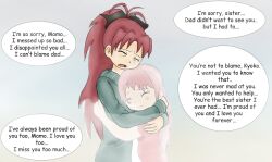 2girls black_bow bow closed_eyes crying gradient_background highres hug long_hair mahou_shoujo_madoka_magica majka626 multiple_girls red_hair sakura_kyoko sakura_momo siblings sisters speech_bubble