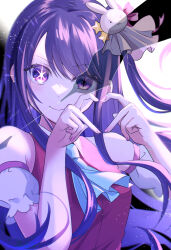 1girl absurdres aoshiro_05 ascot bare_shoulders blue_ascot blush commentary_request crack detached_sleeves dress hair_ornament heart heart_hands highres hoshino_ai idol long_hair oshi_no_ko pink_dress pink_nails purple_eyes purple_hair rabbit_hair_ornament revealing_layer solo star-shaped_pupils star_(symbol) symbol-shaped_pupils