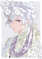1boy ascot border branch fate/grand_order fate_(series) flower grey_background hair_between_eyes hair_ribbon highres hypnr9 jacket long_hair looking_at_viewer male_focus merlin_(fate) ponytail purple_eyes ribbon simple_background smile solo upper_body white_border white_hair