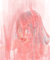 1girl absurdres blue_eyes blush commentary_request covered_in_slime grey_hair hair_between_eyes highres hoshi_syoko idolmaster idolmaster_cinderella_girls long_hair looking_at_viewer open_mouth payama pink_theme pouring_onto_another raised_eyebrows sharp_teeth slime_(substance) slimy solo teeth tongue tongue_out upper_body white_background wide-eyed