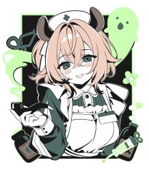 1girl :o animal_ears apron black_background blonde_hair blush border breasts chocola_vt commentary cropped_torso english_commentary frilled_apron frills ghost green_eyes hair_between_eyes hat highres holding holding_smoking_pipe id_card indie_virtual_youtuber limited_palette looking_at_viewer medicine_bottle medium_breasts nimi_nightmare nurse_cap one_side_up open_mouth outline short_hair simple_background smile smoking_pipe solo syringe tapir_ears virtual_youtuber white_apron white_background white_hat