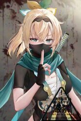 1girl absurdres alternate_costume black_gloves black_mask black_shirt blonde_hair chest_sarashi fingerless_gloves gloves green_eyes green_scarf highres hololive kamisaka_shyou kazama_iroha long_hair looking_at_viewer ninja sarashi scarf shirt solo sword sword_on_back virtual_youtuber weapon weapon_on_back