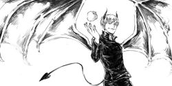 1boy apple black_pants black_shirt demon_horns demon_tail demon_wings expressionless food fruit horns inumaki_toge jujutsu_kaisen looking_at_viewer pants shirt short_hair solo solo_focus tail white_hair wings