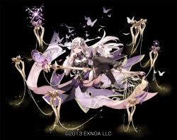 1girl 2013 ;) animal_print awakening_(sennen_sensou_aigis) black_background black_dress black_garter_straps black_nails black_shoes black_thighhighs breasts bug butterfly butterfly_print circlet cleavage commentary company_name crossed_legs detached_sleeves diamond_cutout dissolving_clothes dress floating floating_clothes floating_hair floating_object frilled_sleeves frills garter_straps gold_trim hagoromo hair_ornament half-closed_eye hand_on_own_chin hand_up high_heels holding insect jewelry knees_up legs long_hair looking_at_viewer medium_breasts miyase_mahiro navel official_art one_eye_closed purple_dress purple_eyes sennen_sensou_aigis shawl shoes simple_background sitting smile solo sparkle stiletto_heels tassel thighhighs too_many too_many_butterflies weapon weapon_on_lap wen_zhong white_butterfly white_hair