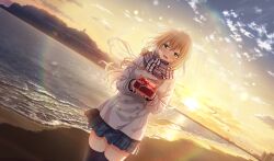 beach bird black_thighhighs blonde_hair blurry blush box breath cinderella_series cloud coat cowboy_shot depth_of_field duffel_coat dutch_angle game_cg gift gift_box green_eyes grey_skirt hachigatsu_no_cinderella_nine highres holding holding_gift horizon incoming_gift lens_flare light_particles long_hair long_sleeves looking_at_viewer miniskirt non-web_source nozaki_yuuki ocean official_art open_mouth plaid_clothes plaid_scarf plaid_skirt pleated_skirt satogahama_school_uniform scarf school_uniform seagull skirt sky standing sunrise thighhighs valentine white_coat