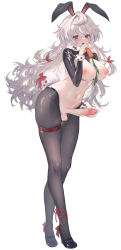 1girl animal_ears ankle_ribbon belt belt_buckle black_shoes black_shrug bow braid breasts buckle carrot censored commentary_request eating erection fake_animal_ears fake_tail fingernails footwear_bow frontless_outfit full_body futanari futanari_masturbation grey_hair hair_between_eyes hair_ribbon high_heels highres hiphighs holding holding_carrot large_breasts leg_ribbon long_hair long_sleeves masturbation meme_attire mosaic_censoring multicolored_hair nail_polish navel nipples open_mouth original penis precum rabbit_ears rabbit_tail raised_eyebrows red_belt red_bow red_eyes red_hair red_nails red_ribbon reverse_bunnysuit reverse_outfit ribbon shep_(user_uzrg8474) shoes shrug_(clothing) simple_background solo stomach streaked_hair symbol-shaped_pupils tail tail_bow tail_ornament teeth testicles thigh_belt thigh_strap twin_braids two-tone_hair upper_teeth_only very_long_hair wavy_hair white_background