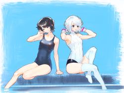 2girls bare_shoulders black_eyes black_hair blue_one-piece_swimsuit blush bukimi_isan collarbone foot_out_of_frame foreshortening frown gloves hand_up hands_up highres holding_strap looking_down momijiyama_teru multiple_girls no_shoes one-piece_swimsuit open_mouth school_swimsuit shiny_clothes short_hair shy_(character) shy_(series) sitting swept_bangs swimsuit thighhighs tongue tongue_out water white_gloves white_hair white_one-piece_swimsuit