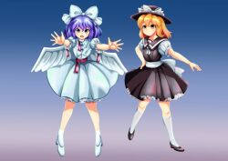 Rule 34 | 2girls, angel wings, black dress, black footwear, blonde hair, blue eyes, blue hair, bow, dress, fedora, full body, hair bow, hat, mai (touhou), medium hair, multiple girls, red sash, sash, takemoto izumi (style), touhou, touhou (pc-98), white bow, white dress, white footwear, white sash, wings, yatyou, yellow eyes, yuki (touhou)