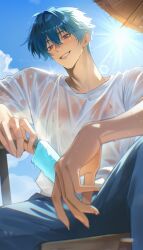 1boy absurdres arm_rest blue_hair blue_sky blush brant_(wuthering_waves) commentary denim earrings food grin hair_between_eyes highres holding holding_food holding_popsicle jeans jewelry kunmang looking_at_viewer looking_down male_focus pants popsicle purple_eyes see-through_clothes see-through_shirt shirt short_hair short_sleeves sky smile solo stud_earrings sunlight sweat wet wet_clothes wet_shirt white_shirt wuthering_waves