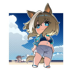 2girls animal_ears blue_eyes blurry blurry_background blush breasts cheval_grand_(umamusume) chibi cleavage deformed hair_between_eyes hair_ornament highres horse_ears horse_tail looking_at_viewer medium_breasts medium_hair multiple_girls navel smile solo_focus swimsuit tail umamusume vivlos_(umamusume) warashi