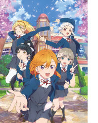 5girls arashi_chisato artbook black_hair blonde_hair blue_eyes blue_jacket cherry_blossoms collared_shirt double_bun dress green_eyes grey_dress grey_hair hair_bun hairband hazuki_ren heanna_sumire high_ponytail highres jacket long_hair looking_at_viewer love_live! love_live!_superstar!! multiple_girls neck_ribbon non-web_source one_eye_closed open_clothes open_jacket open_mouth orange_hair outdoors petals pinafore_dress ponytail purple_eyes red_eyes red_ribbon ribbon school_uniform shibuya_kanon shirt shoes sky sleeveless sleeveless_dress smile socks tang_keke thighhighs tree v white_hair white_shirt yellow_eyes yuigaoka_school_uniform