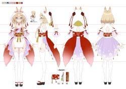 1girl a-pose absurdres animal_ear_fluff animal_ears armpit_crease artist_request bare_shoulders bell black_footwear blue_eyes blush bridal_gauntlets reference_sheet cleavage_cutout closed_mouth clothing_cutout color_guide detached_sleeves dot_nose ears_through_headwear equipment_layout eyelashes eyes_visible_through_hair fingernails floral_print_sash floral_print_thighhighs flower flower_knot folded_fan folding_fan fox_ears fox_girl from_behind from_side full_body glasses gloves hair_flower hair_ornament hairpin halterneck hand_fan high-low_skirt highres indie_virtual_youtuber japanese_clothes jingle_bell kimono kimono_skirt light_brown_hair looking_at_viewer multiple_hairpins multiple_views obi obijime object_in_clothes object_in_obi official_art pelvic_curtain platform_footwear profile red-framed_eyewear red_sash sandals sash see-through_clothes see-through_sleeves semi-rimless_eyewear short_hair_with_long_locks side_slit sleeveless sleeveless_kimono smile standing straight-on swept_bangs tassel thighhighs translation_request turnaround under-rim_eyewear virtual_youtuber wallet wataboushi white_background white_gloves white_hood white_kimono white_thighhighs x_hair_ornament yellow_rope yoshino_sakura_(vtuber)