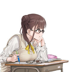 1girl bespectacled black-framed_eyewear book breast_rest breasts brown_eyes brown_hair chocolate chocolate_on_clothes chocolate_on_face collared_shirt desk double_bun food food_on_face glasses hair_bun hamedoragon hand_on_own_chin holding holding_pen idolmaster idolmaster_shiny_colors large_breasts notebook open_book pen pencil_case ribbon school_desk school_uniform shirt simple_background sitting sleeveless sleeveless_sweater solo sonoda_chiyoko sweater twintails upper_body white_background white_shirt wrapper yellow_ribbon