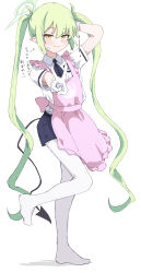 alternate_costume apron blue_archive blue_shorts blush closed_mouth commentary_request demon_girl demon_tail frilled_apron frills full_body gloves green_hair green_halo halo heart highres long_hair looking_at_viewer no_shoes nozomi_(blue_archive) pantyhose pantyhose_under_shorts pink_apron pointy_ears shirt short_sleeves shorts simple_background speech_bubble standing standing_on_one_leg sweat tail translation_request twintails v very_long_hair white_background white_gloves white_pantyhose white_shirt yellow_eyes yucblossom
