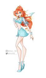 1girl adapted_costume ahoge anklet bad_id bad_twitter_id bare_legs bloom_(winx_club) blue_eyes blue_ribbon blue_shirt blue_shoes blue_shrug blue_skirt blue_wings blue_wrist_cuffs breasts chocofish cleavage clenched_hand collared_shrug commentary crop_top english_commentary eyeshadow fairy fairy_wings frilled_sleeves frills full_body glitter gold_tiara hair_between_eyes hand_on_own_chest happy high_heels highres instagram_username jewelry lipstick long_hair magical_girl makeup mini_tiara miniskirt navel open_mouth orange_hair pencil_skirt pink_eyeshadow puffy_short_sleeves puffy_sleeves pumps red_lips ribbon see-through_clothes see-through_sleeves shirt shoes short_sleeves shrug_(clothing) simple_background skirt skirt_set sleeve_ribbon smile solo standing teeth transparent_wings twitter_username upper_teeth_only watermark wavy_hair white_background wings winx_club wrist_cuffs