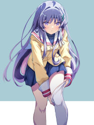 Rule 34 | 1girl, :/, akayama yukihe, blazer, blue skirt, blush, cardigan, clannad, closed mouth, commentary, eyes visible through hair, feet out of frame, floating hair, frown, fujibayashi kyou, hair between eyes, hair intakes, hair ornament, hair ribbon, hairclip, highres, hikarizaka private high school uniform, jacket, leaning forward, long hair, long sleeves, looking at viewer, miniskirt, neckerchief, pleated skirt, purple eyes, purple hair, ribbon, sailor collar, school uniform, serafuku, sidelocks, simple background, single thighhigh, skirt, solo, standing, thighhighs, thighhighs pull, tress ribbon, turtleneck, v-shaped eyebrows, very long hair, white ribbon, white sailor collar, white thighhighs, yellow jacket