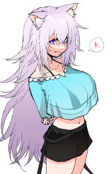 Rule 34 | 1girl, alternate costume, alternate hair length, alternate hairstyle, animal ear fluff, animal ears, arms behind back, belt, bikini, bikini top only, bikini under clothes, bikini visible through clothes, black belt, black bikini, black shorts, blue shirt, breasts, cat ears, cat girl, cleavage, closed mouth, commentary, cowboy shot, crop top, crop top overhang, cropped shirt, from above, from side, hair between eyes, hand on own elbow, heart, henriiku (ahemaru), highres, hololive, large breasts, long hair, looking at viewer, micro bikini, midriff, navel, nekomata okayu, purple eyes, purple hair, see-through clothes, see-through shirt, shirt, shorts, simple background, smirk, solo, spoken heart, standing, string bikini, swimsuit, virtual youtuber, white background