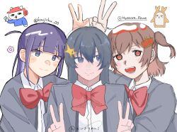 3girls aijou_karen arm_up artist_collaboration artist_request black_hair blue_eyes blunt_bangs blush_stickers bow bowtie brown_hair cat closed_mouth collared_shirt commentary_request crab crown_hair_ornament doodle_inset double_v flower grey_jacket hair_between_eyes hatching_(texture) head_tilt highres jacket kagura_hikari koujichu_00 linear_hatching looking_at_another looking_at_viewer looking_to_the_side massacre_revue multiple_girls one_side_up open_clothes open_jacket open_mouth purple_hair red_bow red_bowtie red_eyes school_uniform seishou_music_academy_uniform shirt short_hair short_sidetail shoujo_kageki_revue_starlight side-by-side sideways_glance simple_background single_sidelock smile sparkle_hair_ornament teeth tsuyuzaki_mahiru twitter_username upper_body upper_teeth_only v v_over_head white_background white_shirt
