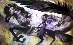 1boy black_hair feathered_wings gloves hat kamal_(pixiv_fantasia) long_hair nishihara_isao pegasus pixiv_fantasia pixiv_fantasia_4 riding smile surreal wind wind_lift wings