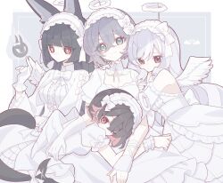 4girls absurdres animal_ears belle_(zenless_zone_zero) blue_eyes blue_hair bow bowtie crossed_bangs dress elbow_gloves ellen_joe fake_wings fins fish_tail fox_ears fox_girl frilled_wristband gloves green_eyes highres hoshimi_miyabi long_hair lying_on_lap multiple_girls official_alternate_costume purple_hair red_eyes shark_girl shark_tail smile tail tailless_(zenless_zone_zero) vivian_banshee white_bow white_bowtie white_dress white_gloves white_headdress white_wings wings zenless_zone_zero zzzii0