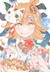 +_+ 1girl alternate_costume amagasairo animal_ears animal_print bag bagged_fish candy_apple cat_mask chocolate_banana closed_mouth commentary_request ear_covers fish fish_print flipped_hair floral_print food food_on_face food_request goldfish hair_between_eyes hair_ornament holding holding_food holding_skewer horse_ears horse_girl japanese_clothes kimono lantern looking_at_viewer maneki-neko mask matikanefukukitaru_(umamusume) multicolored_kimono multicolored_nails nail_polish orange_eyes orange_hair paper_lantern ramune shaved_ice short_hair single_ear_cover skewer smile solo straight-on text_background umamusume water_balloon yakisoba