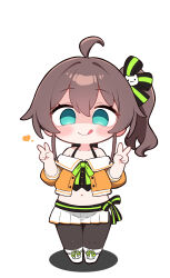 1girl :q absurdres ahoge black_pantyhose blue_eyes blush brown_hair chibi double_v empty_eyes full_body hair_ribbon heart highres hololive kani_bonara long_hair looking_at_viewer natsuiro_matsuri natsuiro_matsuri_(1st_costume) navel pantyhose pleated_skirt ribbon shaded_face side_ponytail simple_background skirt solo standing stomach tongue tongue_out v virtual_youtuber white_background white_skirt