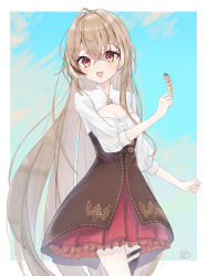 1girl :d absurdres ahoge brown_corset brown_eyes brown_hair cleavage_cutout clothing_cutout cloud cloudy_sky corset hair_down hair_ornament hairclip highres hololive hololive_english kujou_yami long_hair looking_at_viewer multicolored_hair nanashi_mumei nanashi_mumei_(1st_costume) open_mouth pleated_skirt red_skirt shirt single_thighhigh skirt sky small_hands smile streaked_hair thigh_strap thighhighs very_long_hair virtual_youtuber white_shirt