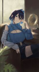 Rule 34 | 1girl, absurdres, armchair, belt, black belt, black hair, black pants, blue eyes, blue hair, blue shirt, blue sleeves, blush, breasts, chair, cleavage, cleavage cutout, closed mouth, clothing cutout, collared shirt, colored inner hair, crossed legs, detached pants, detached sleeves, ear chain, earrings, elbow rest, hair between eyes, hair intakes, hand on own head, hashtag-only commentary, highres, hololive, hololive english, indoors, jewelry, large breasts, linked piercing, looking at viewer, multicolored hair, official alternate costume, official alternate hairstyle, on chair, ouro kronii, ouro kronii (4th costume), pants, phonograph, piercing, plant, shirt, sitting, sleeveless, sleeveless shirt, sleeves past wrists, smile, solo, two-tone hair, virtual youtuber, white sleeves, window, wolf cut, zargaz