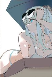 1girl blue_eyes fate/grand_order fate_(series) hair_between_eyes long_hair morgan_le_fay_(fate) ponytail solo ss_un17 sunglasses swimsuit white_hair