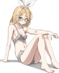 Rule 34 | 1girl, absurdres, aqua eyes, barefoot, blonde hair, bow, brand name imitation, breasts, calvin klein, clothes writing, commentary, from side, grey panties, grey sports bra, hair ornament, hairclip, hand on own knee, highres, kagamine rin, knees up, looking at viewer, looking to the side, open mouth, panties, scarlet (wv0102), short hair, sitting, solo, sports bra, sports panties, stomach, symbol-only commentary, tattoo, underwear, underwear only, underwear writing, vocaloid, white bow