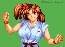 1girl adk breasts brown_eyes brown_hair collarbone female_focus izumo_ryoko judogi matching_hair/eyes medium_breasts one_eye_closed pixel_art side_ponytail snk solo world_heroes wristband